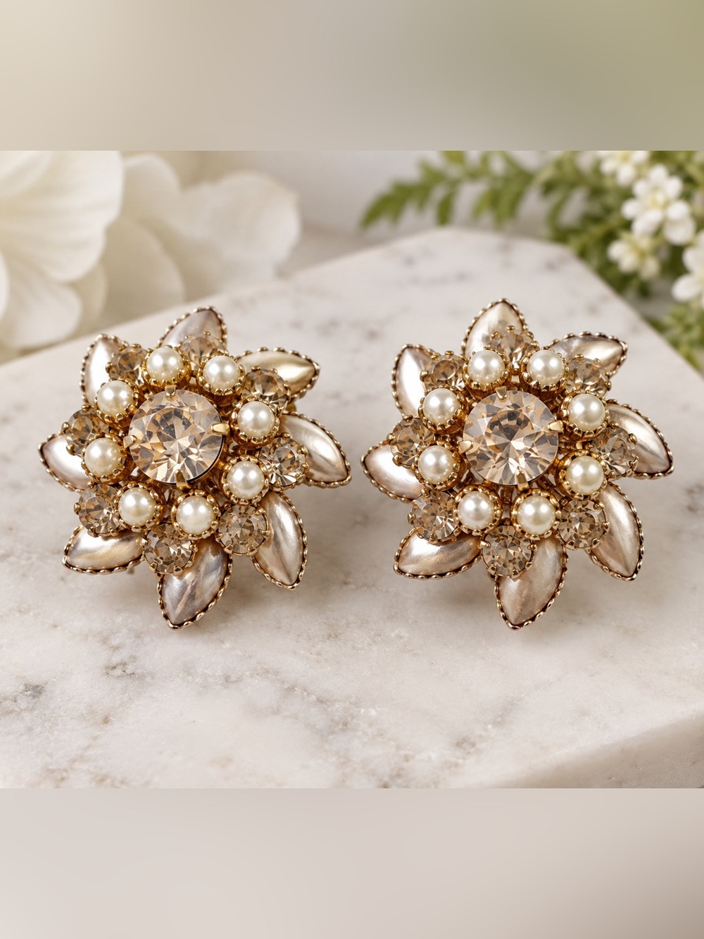 Vintage Rhinestone Faux Pearl Floral Clip On Earrings Gold Tone